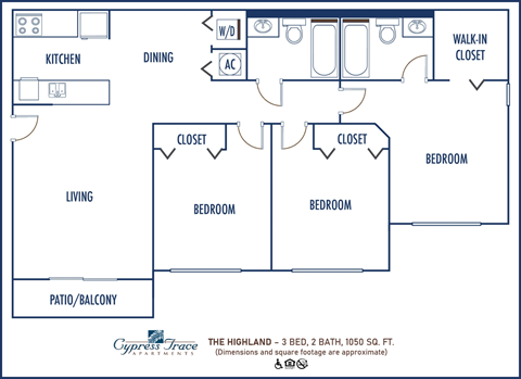 Floor plan for 3 beds, 2 baths, 1050 sqft